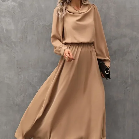 Brand new Draped Collar Bishop Sleeve Dress Camel - Picture 4 of 9